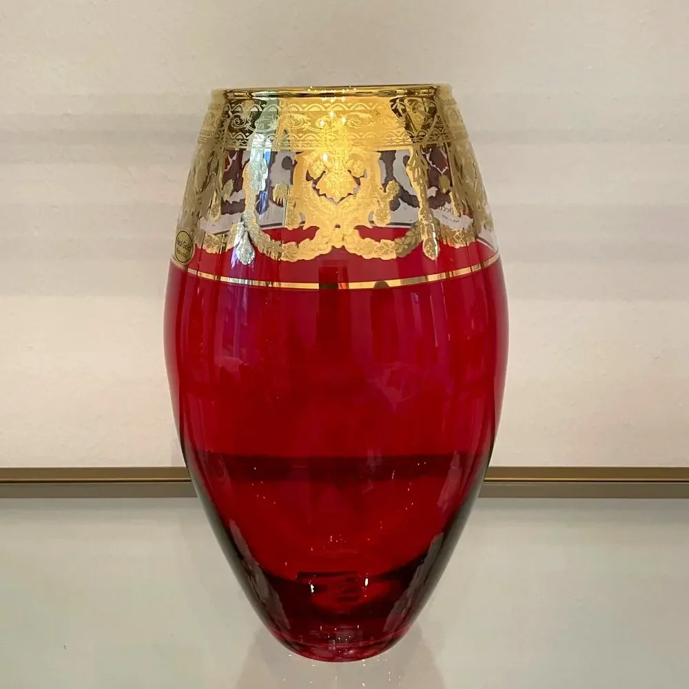 Vintage Style Vecchia Murano Ruby Red Art Glass Vase w/ 24 kt Gold Rim 11in NEW